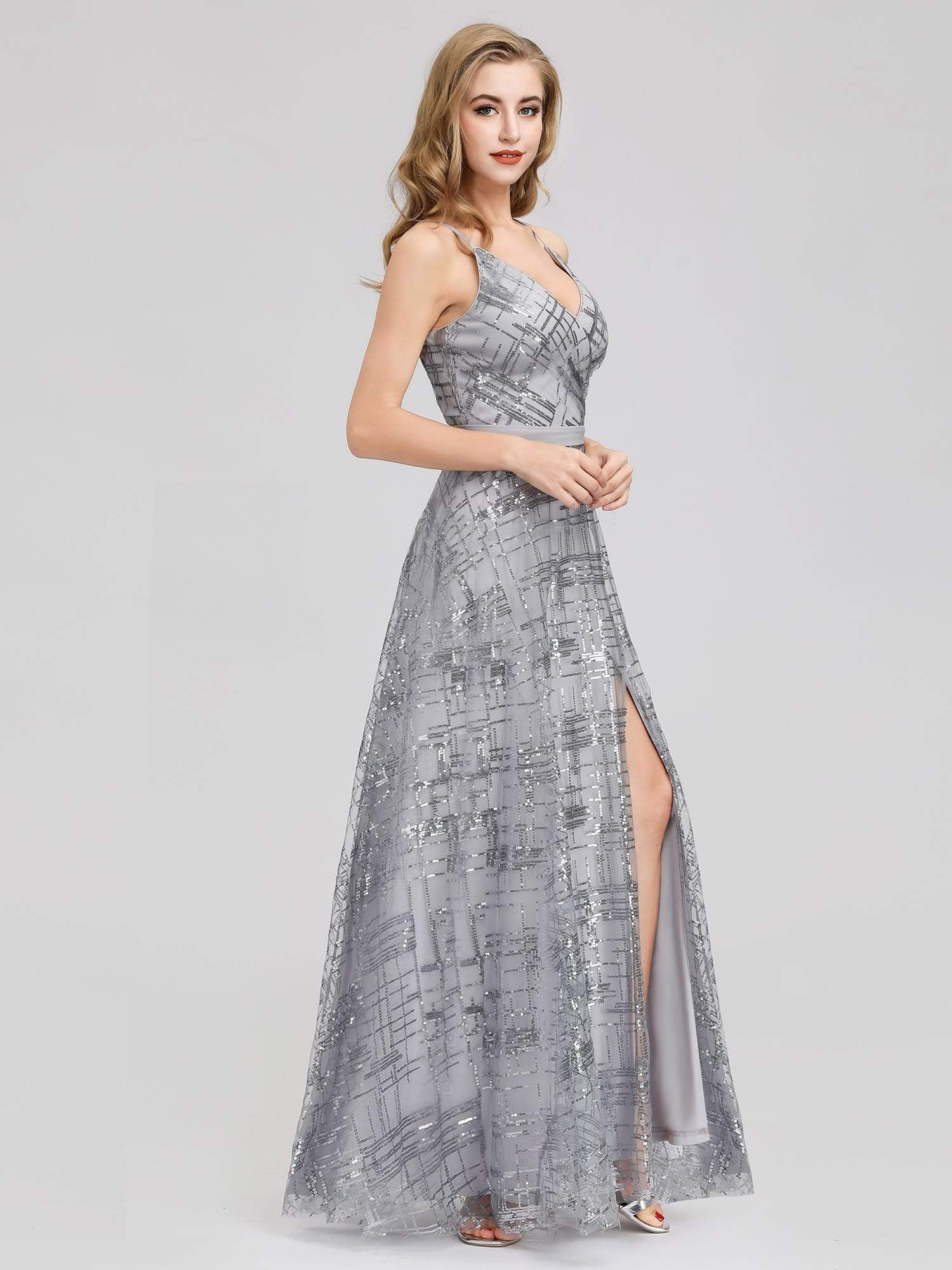 Color=Grey | V-Neck Floor Length Evening Dress With Thigh High Slit-Grey 3 Color=Grey | V-Neck Floor Length Evening Dress With Thigh High Slit-Grey 3