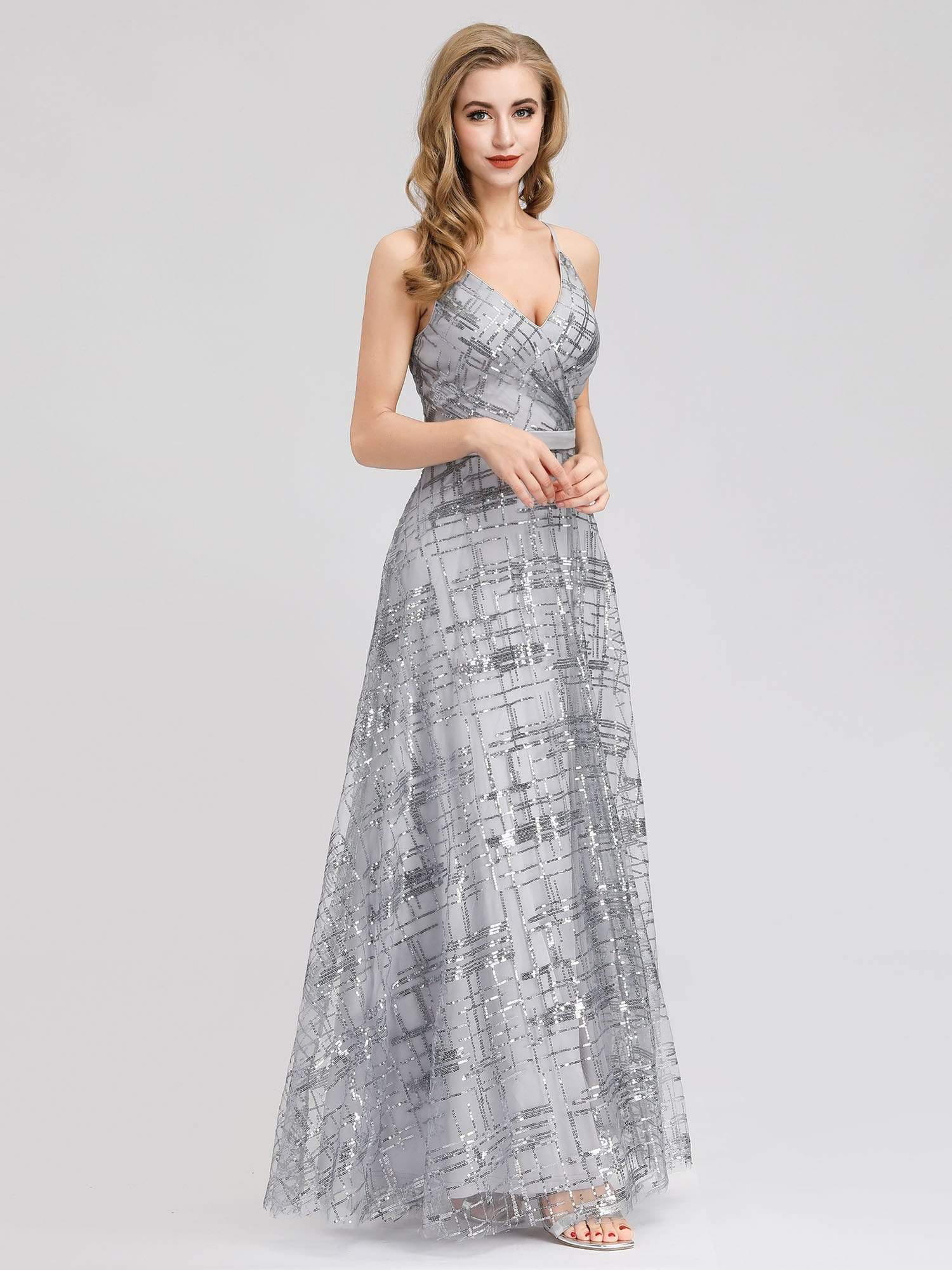 Color=Grey | V-Neck Floor Length Evening Dress With Thigh High Slit-Grey 4 Color=Grey | V-Neck Floor Length Evening Dress With Thigh High Slit-Grey 4