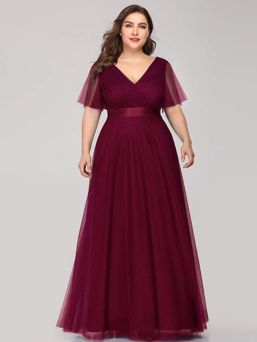 COLOR=Burgundy | Women'S Floor-Length Plus Size Bridesmaid Dress With Short Sleeve-Burgundy 4