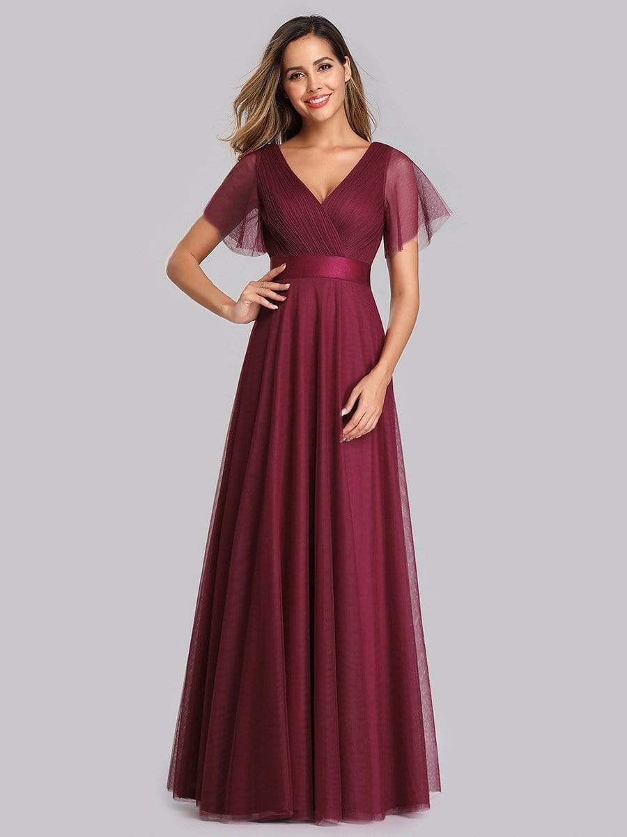 Color=Burgundy | Women'S V-Neck A-Line Short Sleeve Floor-Length Bridesmaid Dress-Burgundy 6 Color=Burgundy | Women'S V-Neck A-Line Short Sleeve Floor-Length Bridesmaid Dress-Burgundy 6