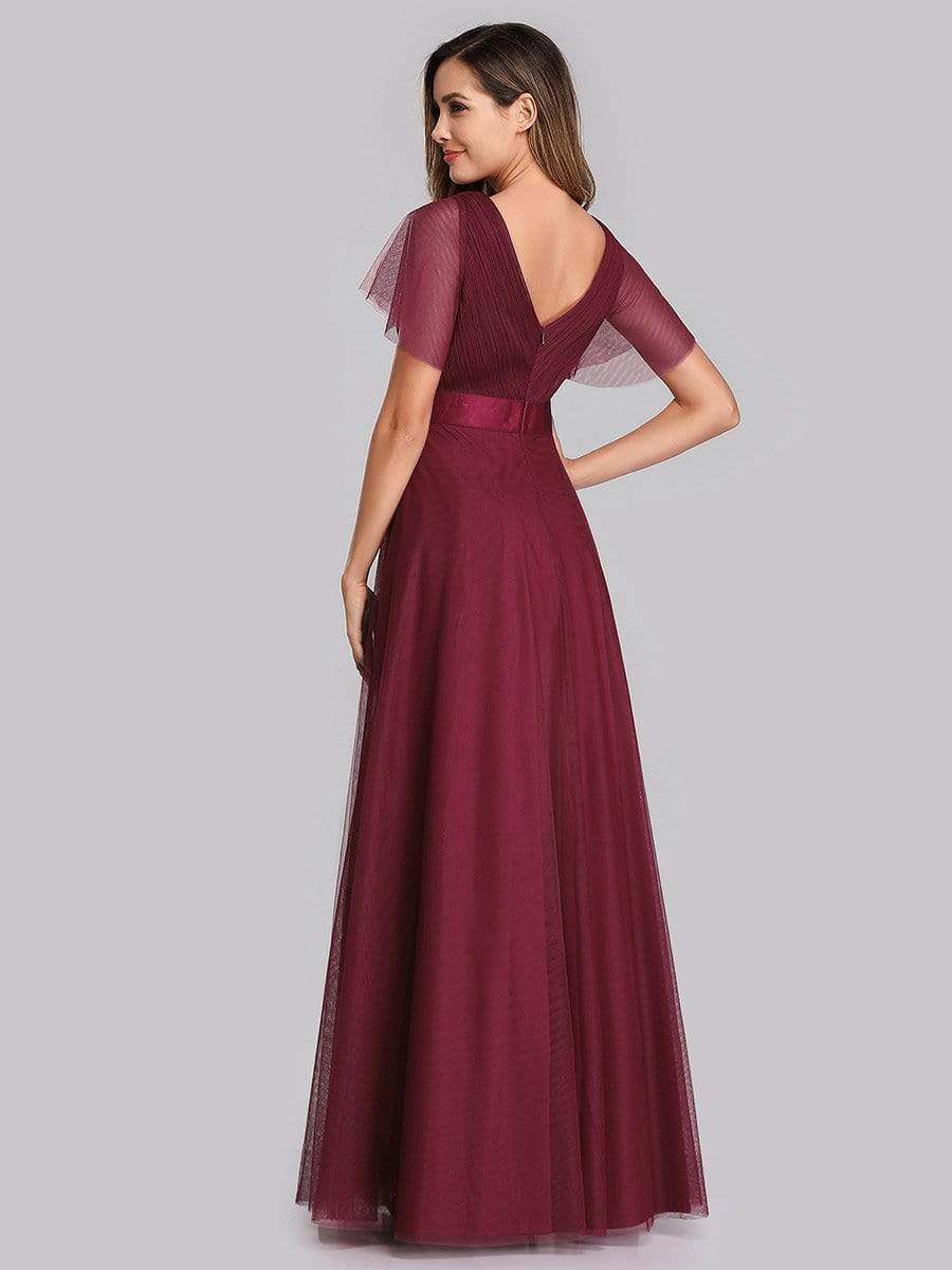 Color=Burgundy | Women'S V-Neck A-Line Short Sleeve Floor-Length Bridesmaid Dress-Burgundy 4 Color=Burgundy | Women'S V-Neck A-Line Short Sleeve Floor-Length Bridesmaid Dress-Burgundy 4
