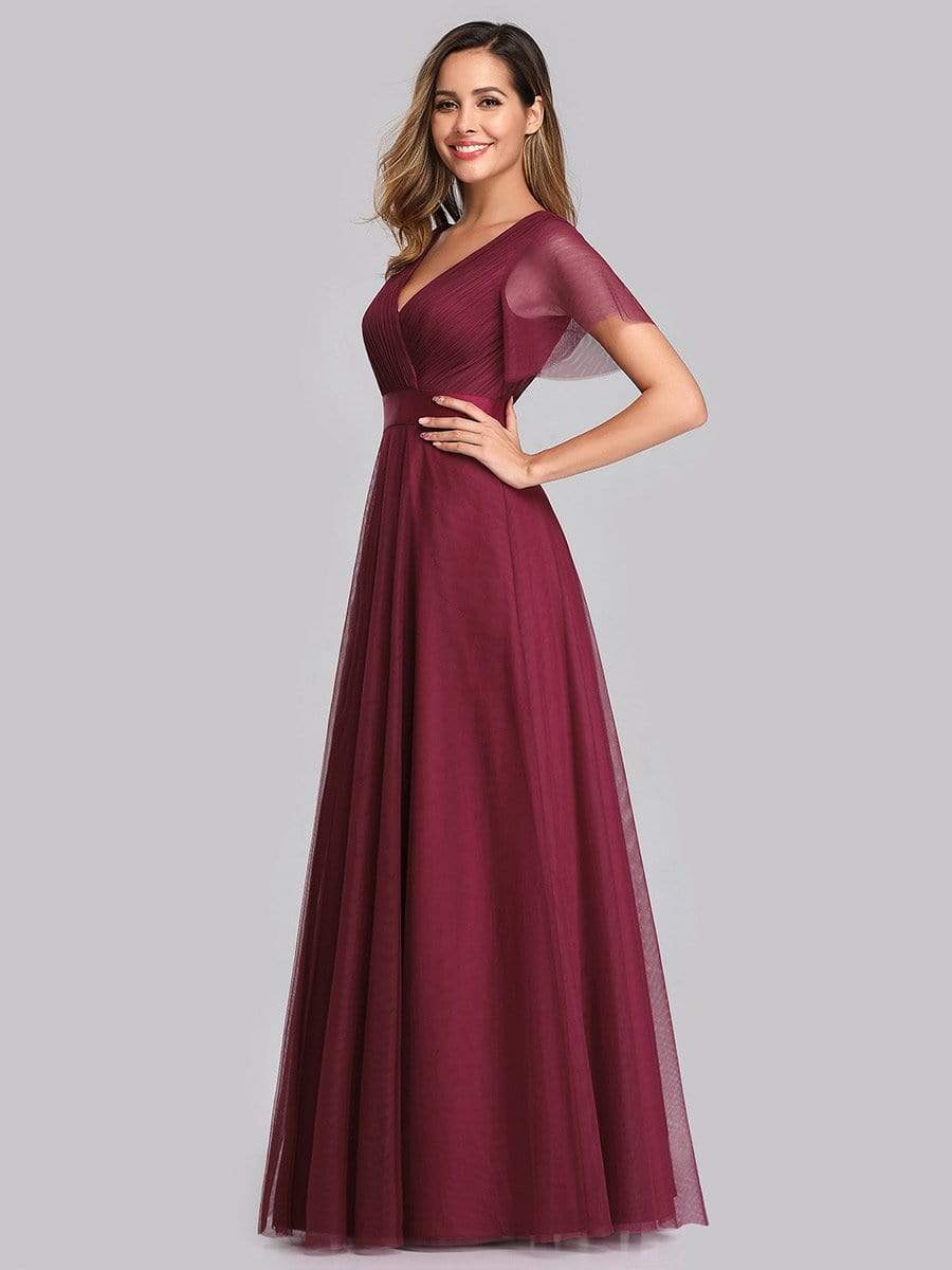 Color=Burgundy | Women'S V-Neck A-Line Short Sleeve Floor-Length Bridesmaid Dress-Burgundy 7 Color=Burgundy | Women'S V-Neck A-Line Short Sleeve Floor-Length Bridesmaid Dress-Burgundy 7
