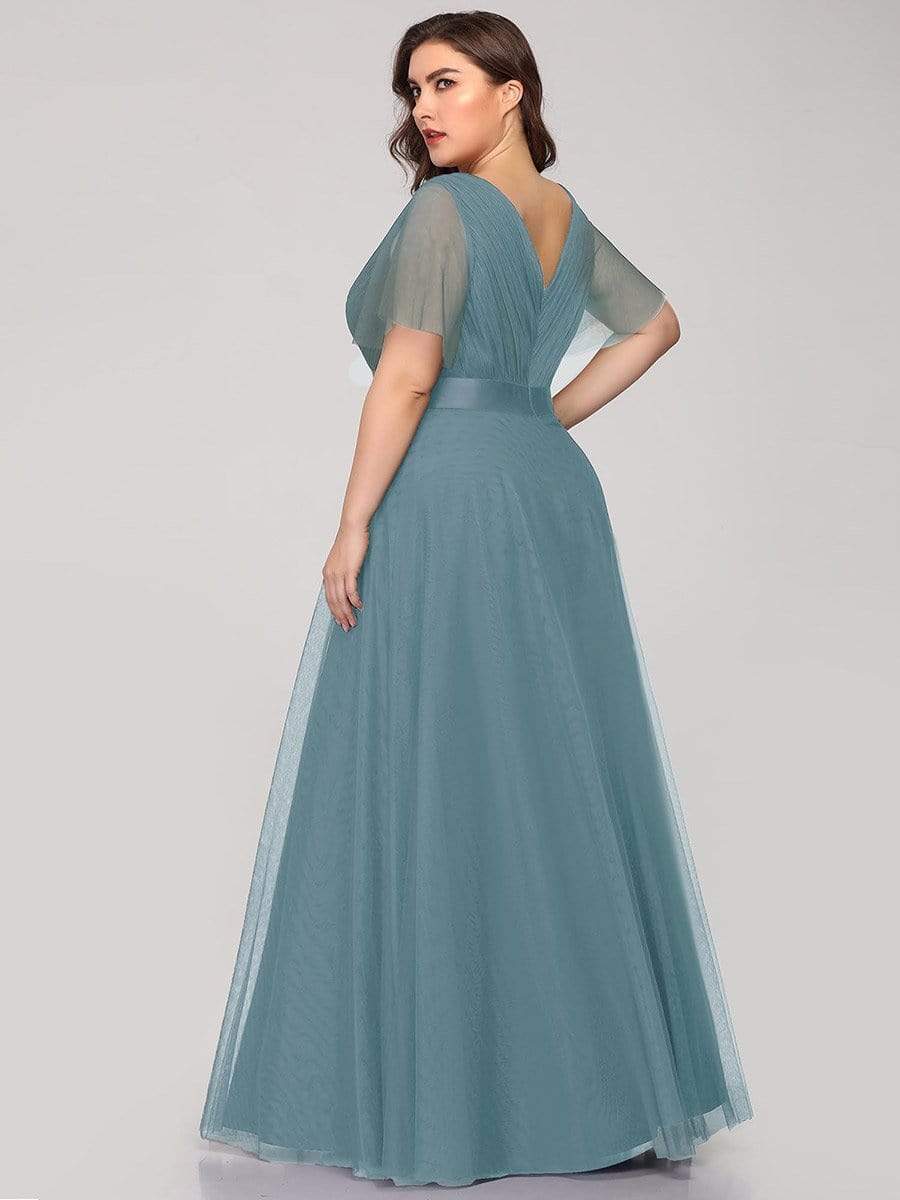 Color=Dusty Blue | Plus Size Women'S V-Neck A-Line Short Sleeve Floor-Length Bridesmaid Dress-Dusty Blue 2 Color=Dusty Blue | Plus Size Women'S V-Neck A-Line Short Sleeve Floor-Length Bridesmaid Dress-Dusty Blue 2