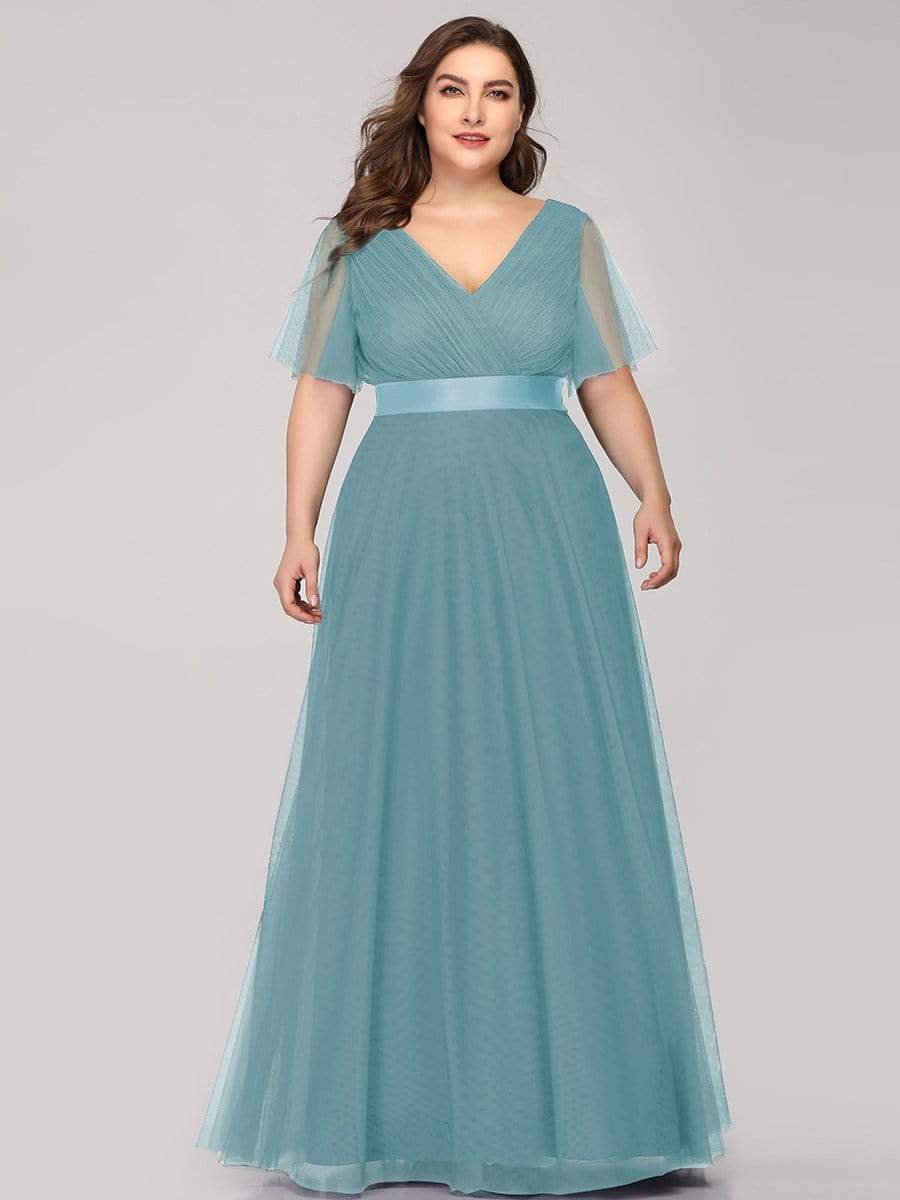 Color=Dusty Blue | Women'S V-Neck A-Line Short Sleeve Floor-Length Bridesmaid Dress-Dusty Blue 6 Color=Dusty Blue | Women'S V-Neck A-Line Short Sleeve Floor-Length Bridesmaid Dress-Dusty Blue 6