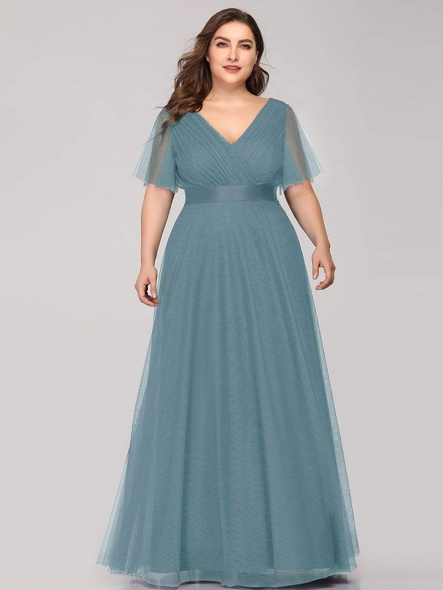 Color=Dusty Blue | Plus Size Women'S V-Neck A-Line Short Sleeve Floor-Length Bridesmaid Dress-Dusty Blue 3