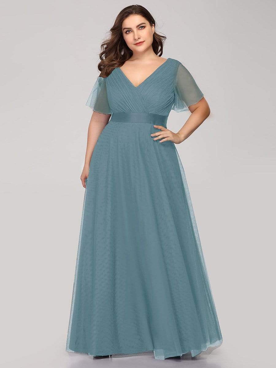 Color=Dusty Blue | Plus Size Women'S V-Neck A-Line Short Sleeve Floor-Length Bridesmaid Dress-Dusty Blue 4 Color=Dusty Blue | Plus Size Women'S V-Neck A-Line Short Sleeve Floor-Length Bridesmaid Dress-Dusty Blue 4