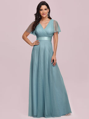 Color=Dusty Blue | Women'S V-Neck A-Line Short Sleeve Floor-Length Bridesmaid Dress-Dusty Blue 1