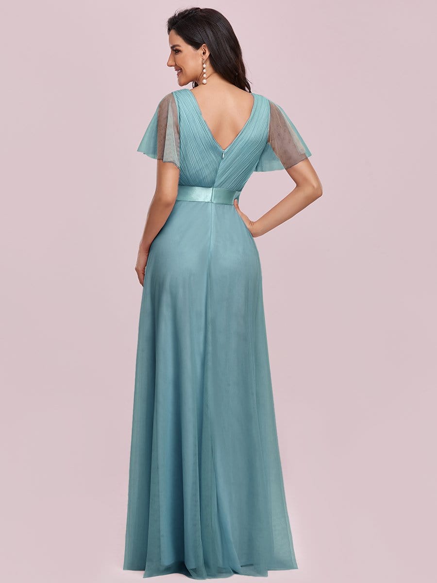 Color=Dusty Blue | Women'S V-Neck A-Line Short Sleeve Floor-Length Bridesmaid Dress-Dusty Blue 2 Color=Dusty Blue | Women'S V-Neck A-Line Short Sleeve Floor-Length Bridesmaid Dress-Dusty Blue 2