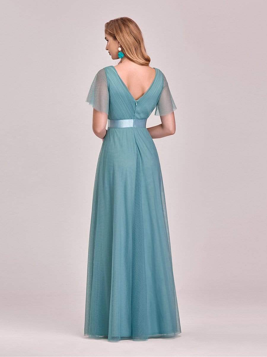Color=Dusty Blue | Women'S V-Neck A-Line Short Sleeve Floor-Length Bridesmaid Dress-Dusty Blue 4