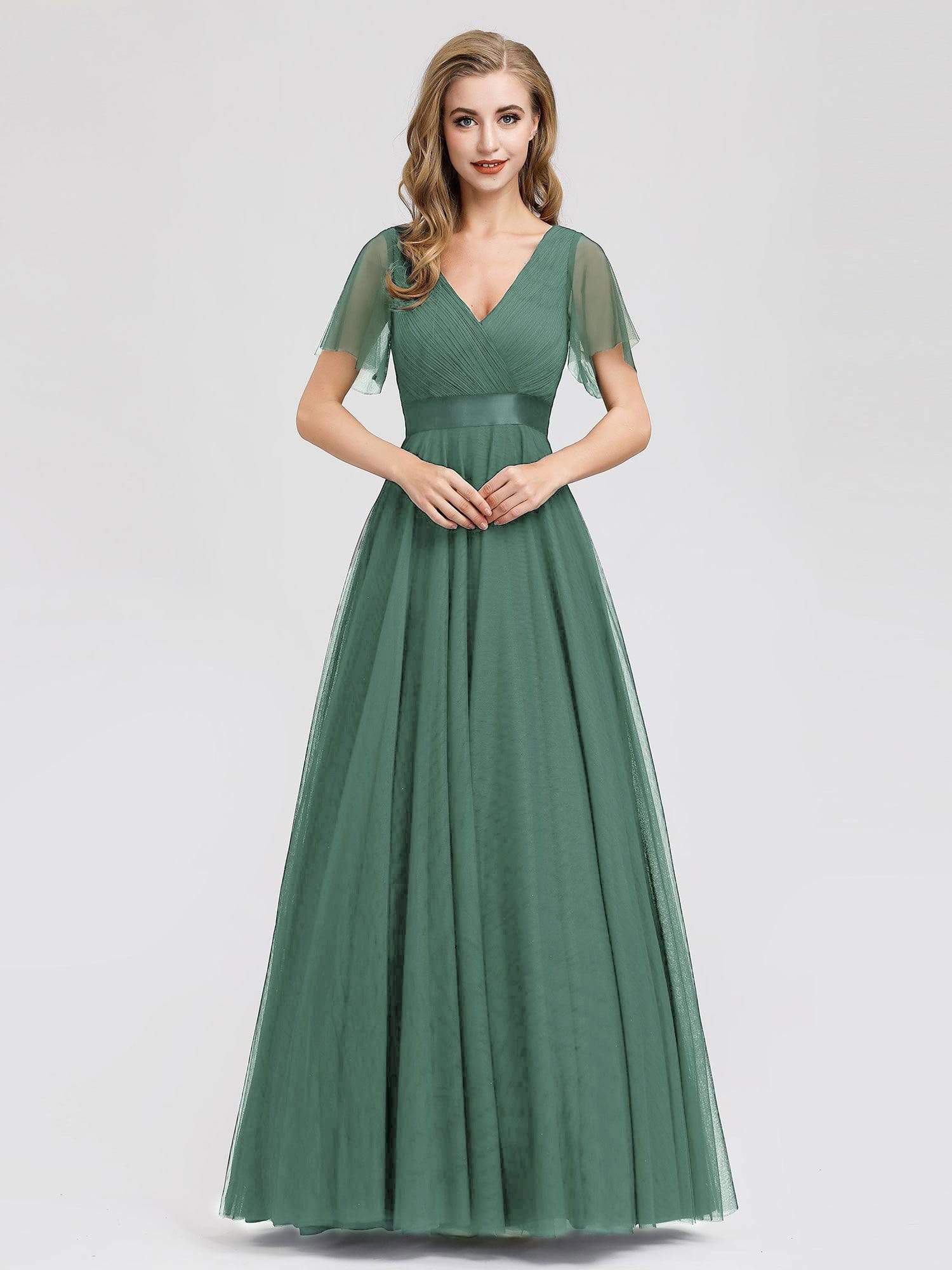 Color=Green Bean | Women'S V-Neck A-Line Short Sleeve Floor-Length Bridesmaid Dress-Green Bean 4 Color=Green Bean | Women'S V-Neck A-Line Short Sleeve Floor-Length Bridesmaid Dress-Green Bean 4