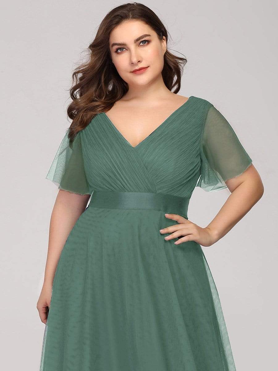 Color=Green Bean | Plus Size Women'S V-Neck A-Line Short Sleeve Floor-Length Bridesmaid Dress-Green Bean 5 Color=Green Bean | Plus Size Women'S V-Neck A-Line Short Sleeve Floor-Length Bridesmaid Dress-Green Bean 5