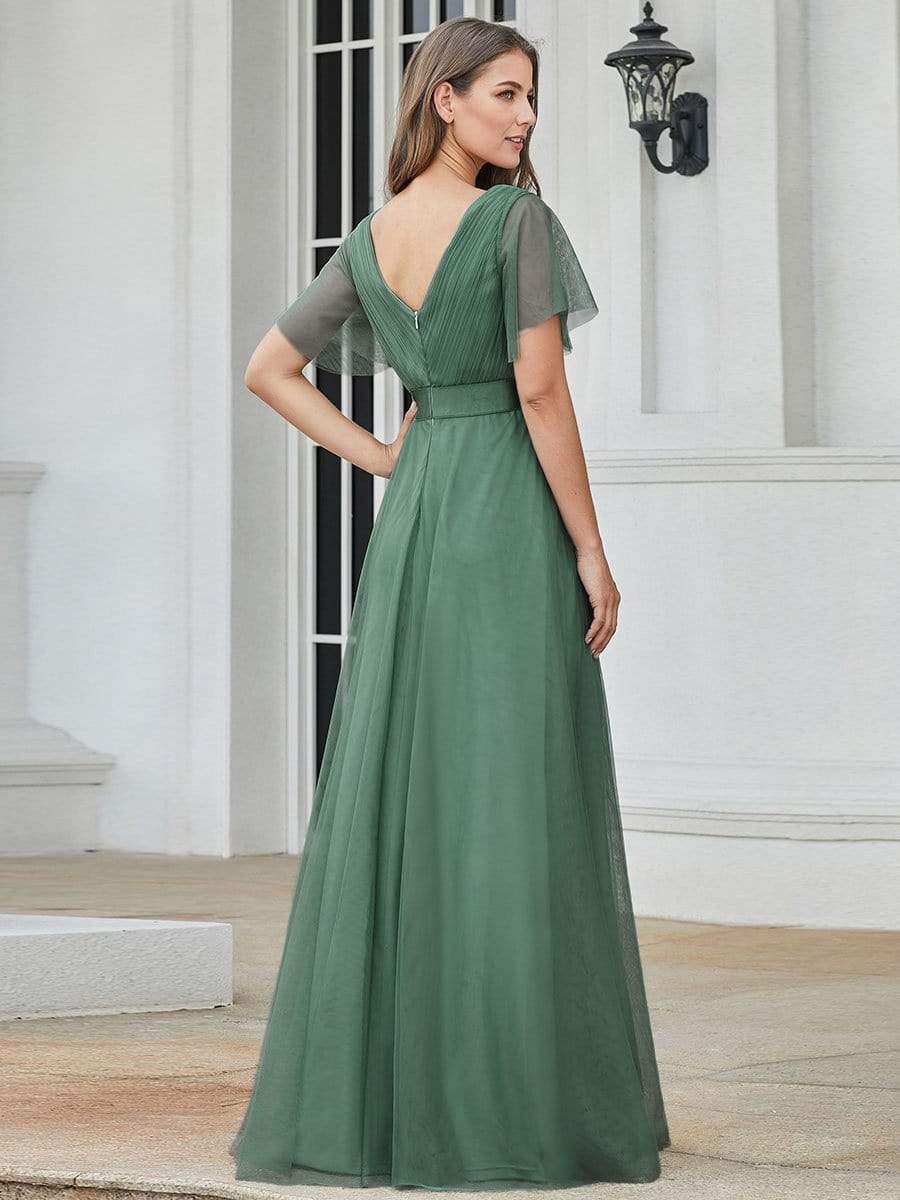 Color=Green Bean | Women'S V-Neck A-Line Short Sleeve Floor-Length Bridesmaid Dress-Green Bean 2