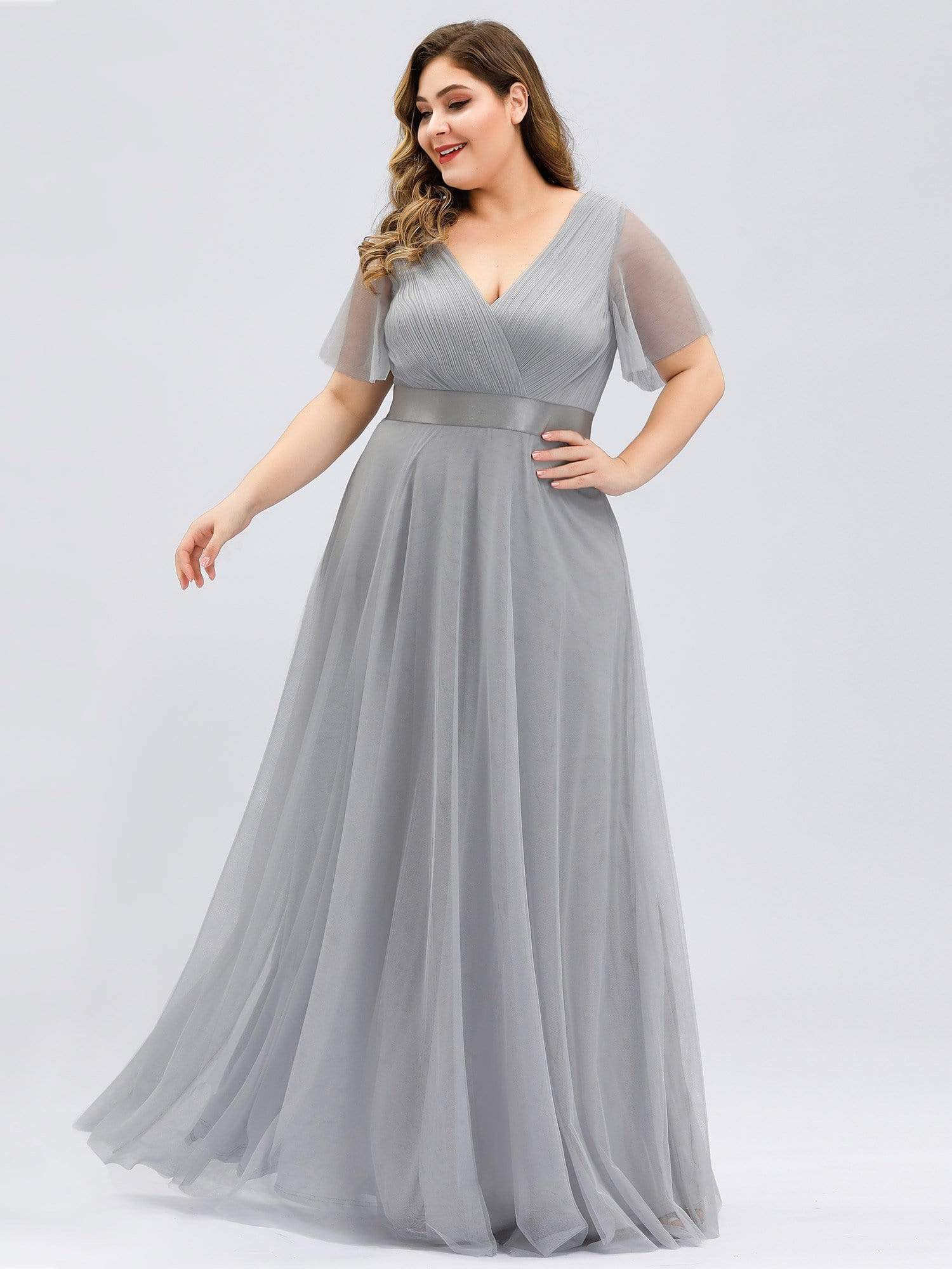 Color=Grey | Plus Size Women'S V-Neck A-Line Short Sleeve Floor-Length Bridesmaid Dress-Grey 3 Color=Grey | Plus Size Women'S V-Neck A-Line Short Sleeve Floor-Length Bridesmaid Dress-Grey 3