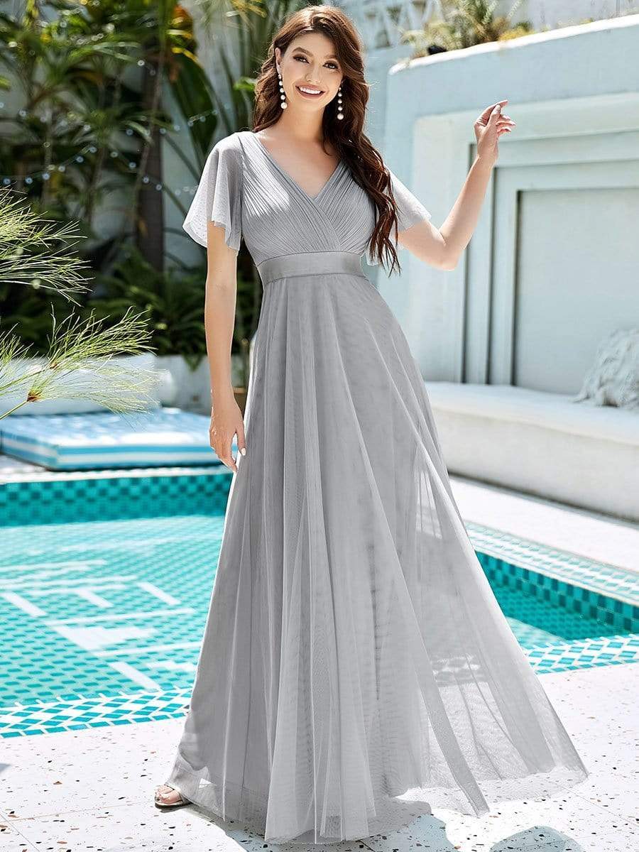 Color=Grey | Women'S V-Neck A-Line Short Sleeve Floor-Length Bridesmaid Dress-Grey 1