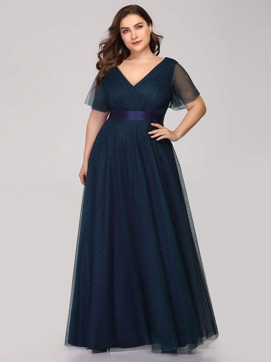 Color=Navy Blue | Plus Size Women'S V-Neck A-Line Short Sleeve Floor-Length Bridesmaid Dress-Navy Blue 1 Color=Navy Blue | Plus Size Women'S V-Neck A-Line Short Sleeve Floor-Length Bridesmaid Dress-Navy Blue 1