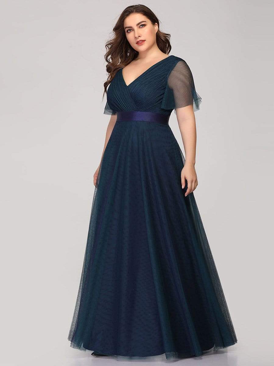 Color=Navy Blue | Plus Size Women'S V-Neck A-Line Short Sleeve Floor-Length Bridesmaid Dress-Navy Blue 5 Color=Navy Blue | Plus Size Women'S V-Neck A-Line Short Sleeve Floor-Length Bridesmaid Dress-Navy Blue 5