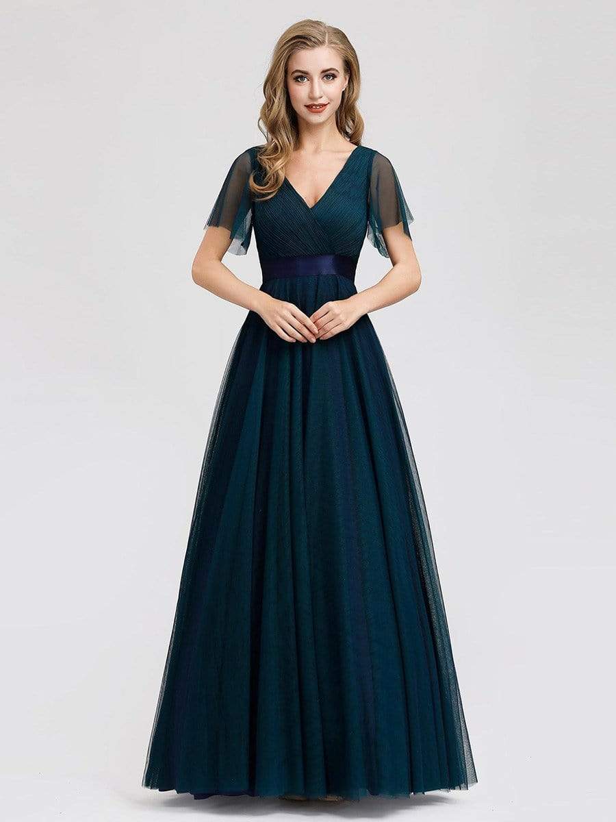 COLOR=Navy Blue | Women'S Double V-Neck Floor-Length Bridesmaid Dress With Short Sleeve-Navy Blue 1 COLOR=Navy Blue | Women'S Double V-Neck Floor-Length Bridesmaid Dress With Short Sleeve-Navy Blue 1