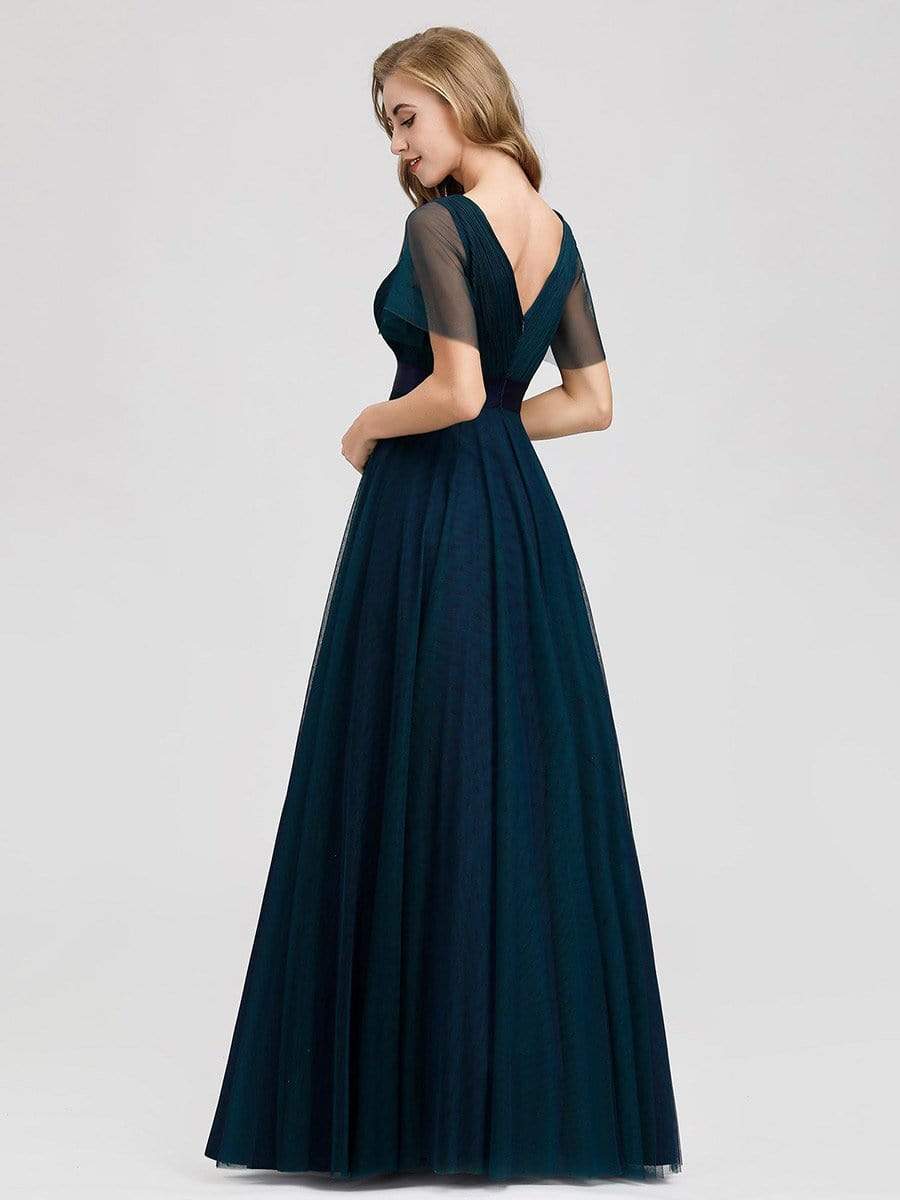 COLOR=Navy Blue | Women'S Double V-Neck Floor-Length Bridesmaid Dress With Short Sleeve-Navy Blue 2 COLOR=Navy Blue | Women'S Double V-Neck Floor-Length Bridesmaid Dress With Short Sleeve-Navy Blue 2