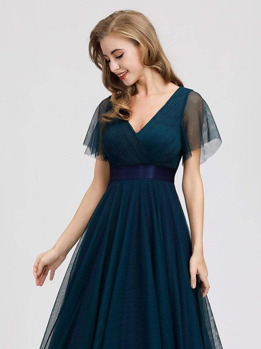 COLOR=Navy Blue | Women'S Double V-Neck Floor-Length Bridesmaid Dress With Short Sleeve-Navy Blue 3 COLOR=Navy Blue | Women'S Double V-Neck Floor-Length Bridesmaid Dress With Short Sleeve-Navy Blue 3