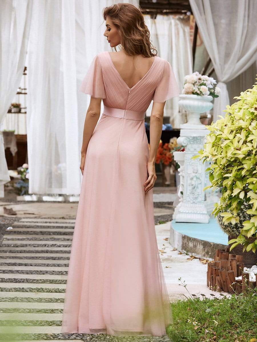COLOR=Pink | Women'S Double V-Neck Floor-Length Bridesmaid Dress With Short Sleeve-Pink 2 COLOR=Pink | Women'S Double V-Neck Floor-Length Bridesmaid Dress With Short Sleeve-Pink 2