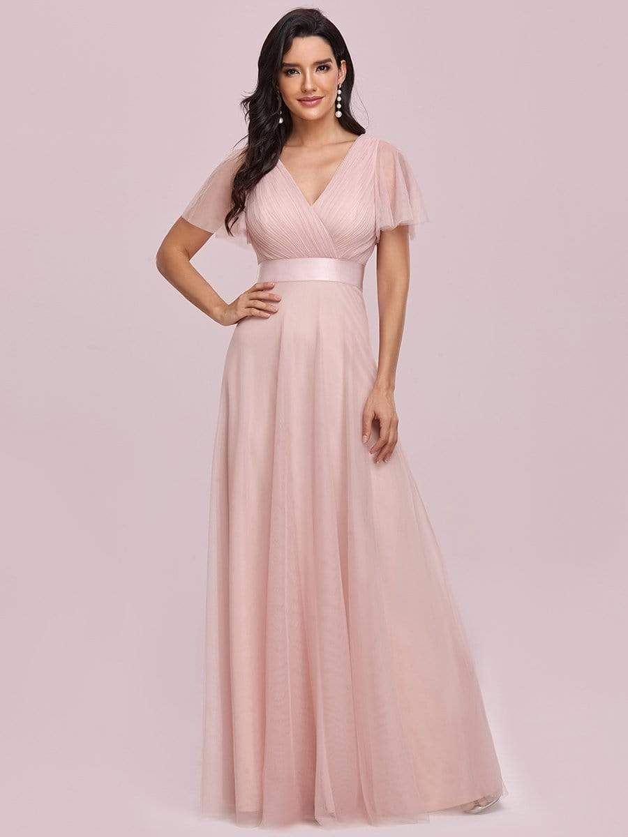 COLOR=Pink | Women'S Double V-Neck Floor-Length Bridesmaid Dress With Short Sleeve-Pink 4 COLOR=Pink | Women'S Double V-Neck Floor-Length Bridesmaid Dress With Short Sleeve-Pink 4