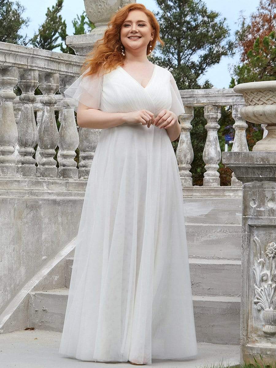 Color=White | Plus Size Women'S V-Neck A-Line Short Sleeve Floor-Length Bridesmaid Dress-White 1 Color=White | Plus Size Women'S V-Neck A-Line Short Sleeve Floor-Length Bridesmaid Dress-White 1