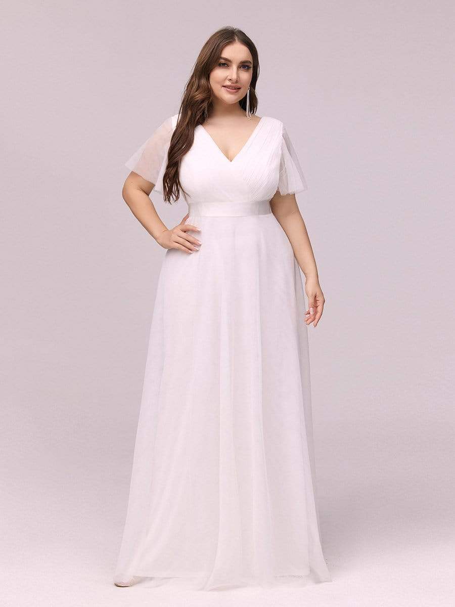 Color=White | Plus Size Women'S V-Neck A-Line Short Sleeve Floor-Length Bridesmaid Dress-White 3 Color=White | Plus Size Women'S V-Neck A-Line Short Sleeve Floor-Length Bridesmaid Dress-White 3