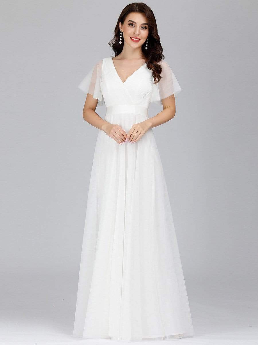 COLOR=White | Women'S Double V-Neck Floor-Length Bridesmaid Dress With Short Sleeve-White 4 COLOR=White | Women'S Double V-Neck Floor-Length Bridesmaid Dress With Short Sleeve-White 4