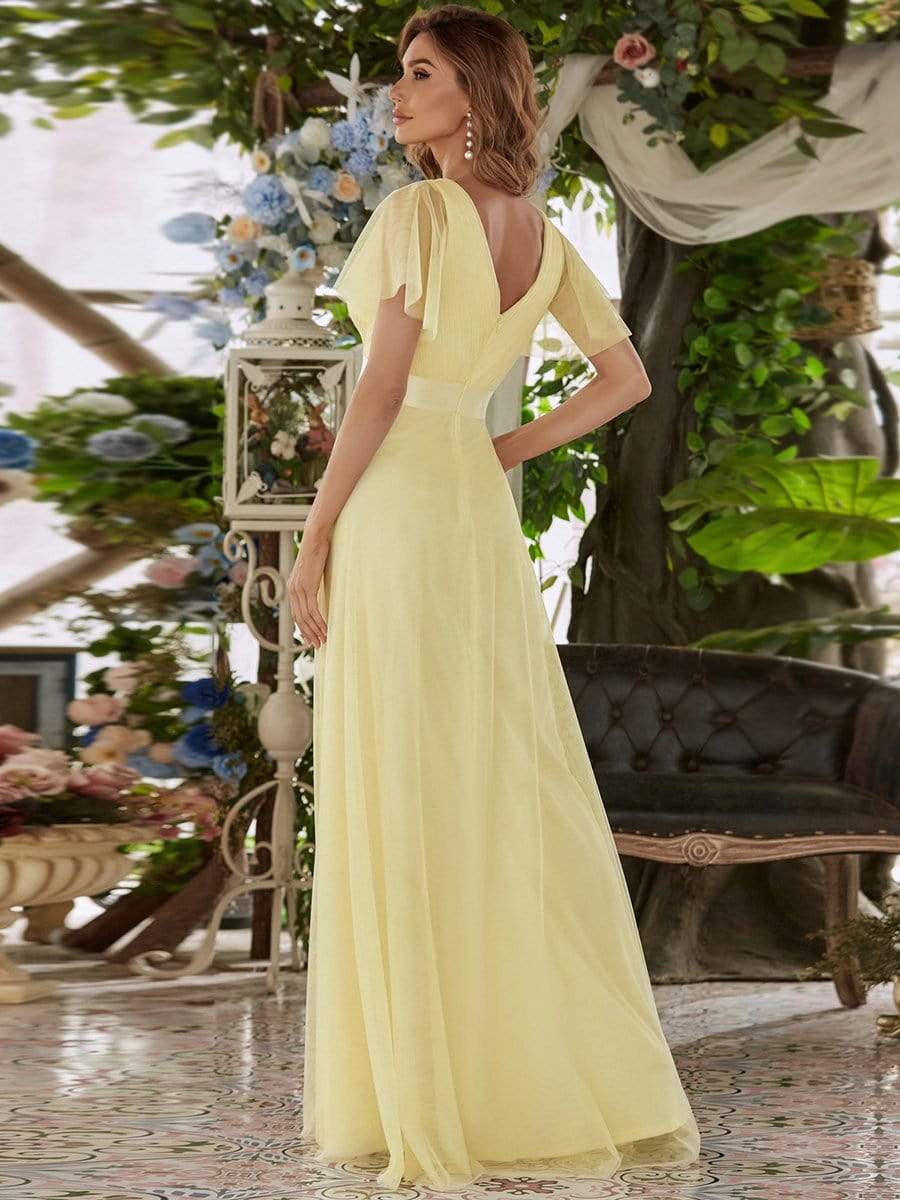 COLOR=Yellow | Women'S Double V-Neck Floor-Length Bridesmaid Dress With Short Sleeve-Yellow 2 COLOR=Yellow | Women'S Double V-Neck Floor-Length Bridesmaid Dress With Short Sleeve-Yellow 2