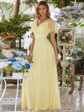 COLOR=Yellow | Women'S Double V-Neck Floor-Length Bridesmaid Dress With Short Sleeve-Yellow 1