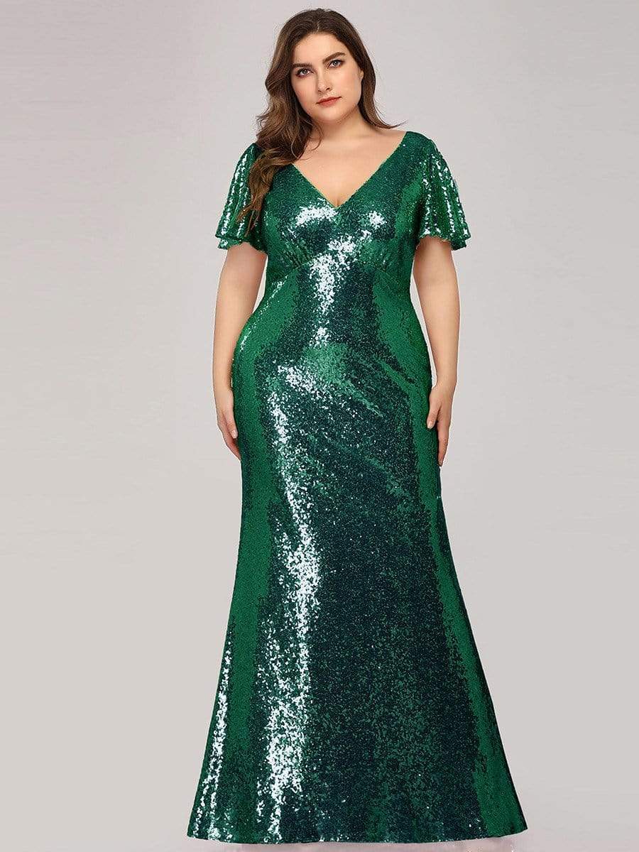 COLOR=Dark Green | Women'S V-Neck Short Sleeve Glitter Dress Bodycon Mermaid Dress-Dark Green 4 COLOR=Dark Green | Women'S V-Neck Short Sleeve Glitter Dress Bodycon Mermaid Dress-Dark Green 4
