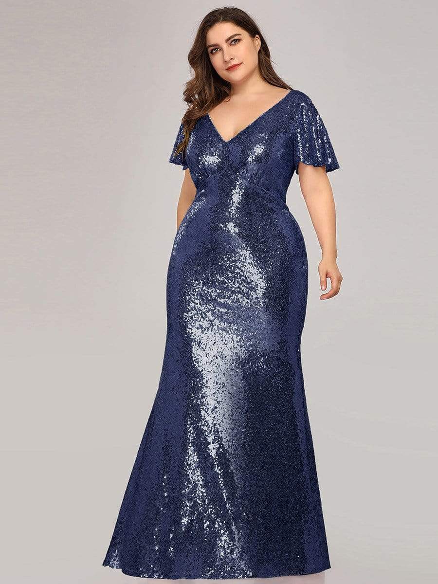 COLOR=Navy Blue | Women'S V-Neck Short Sleeve Glitter Dress Bodycon Mermaid Dress-Navy Blue 3 COLOR=Navy Blue | Women'S V-Neck Short Sleeve Glitter Dress Bodycon Mermaid Dress-Navy Blue 3