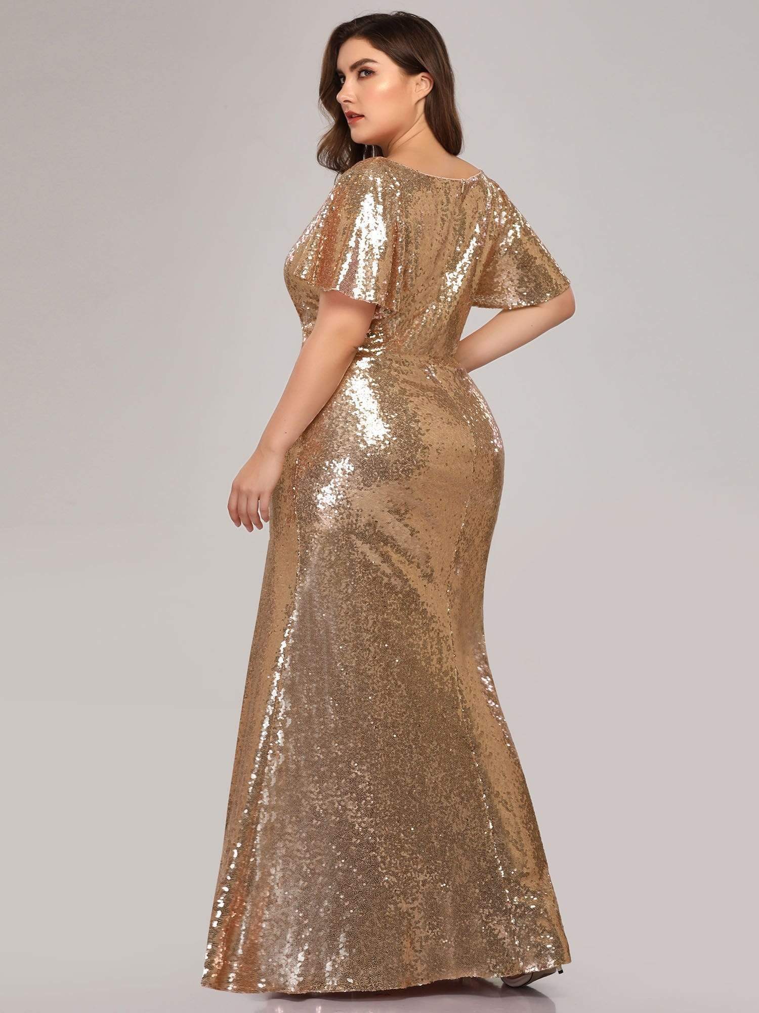 COLOR=Rose Gold | Women'S V-Neck Short Sleeve Glitter Dress Bodycon Mermaid Dress-Rose Gold 2 COLOR=Rose Gold | Women'S V-Neck Short Sleeve Glitter Dress Bodycon Mermaid Dress-Rose Gold 2
