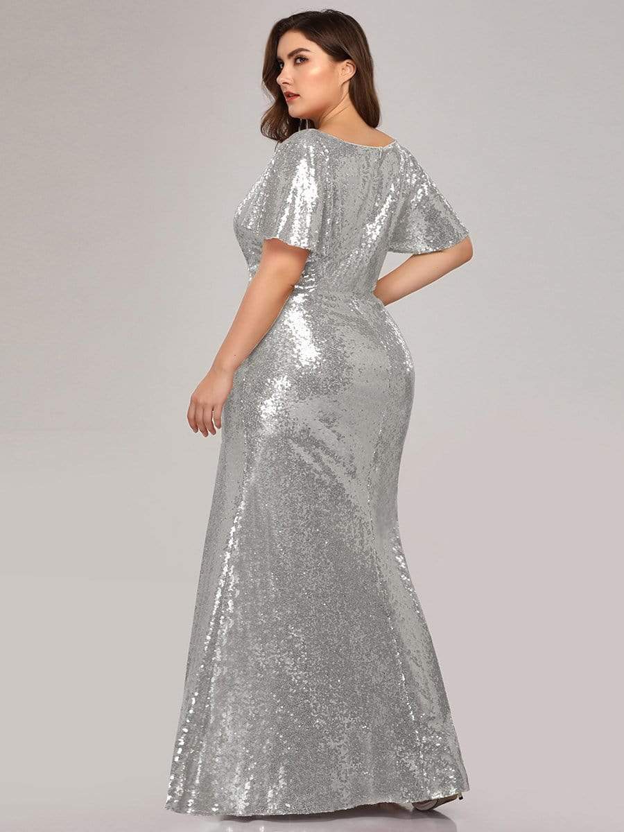 COLOR=Silver | Women'S V-Neck Short Sleeve Glitter Dress Bodycon Mermaid Dress-Silver 2 COLOR=Silver | Women'S V-Neck Short Sleeve Glitter Dress Bodycon Mermaid Dress-Silver 2