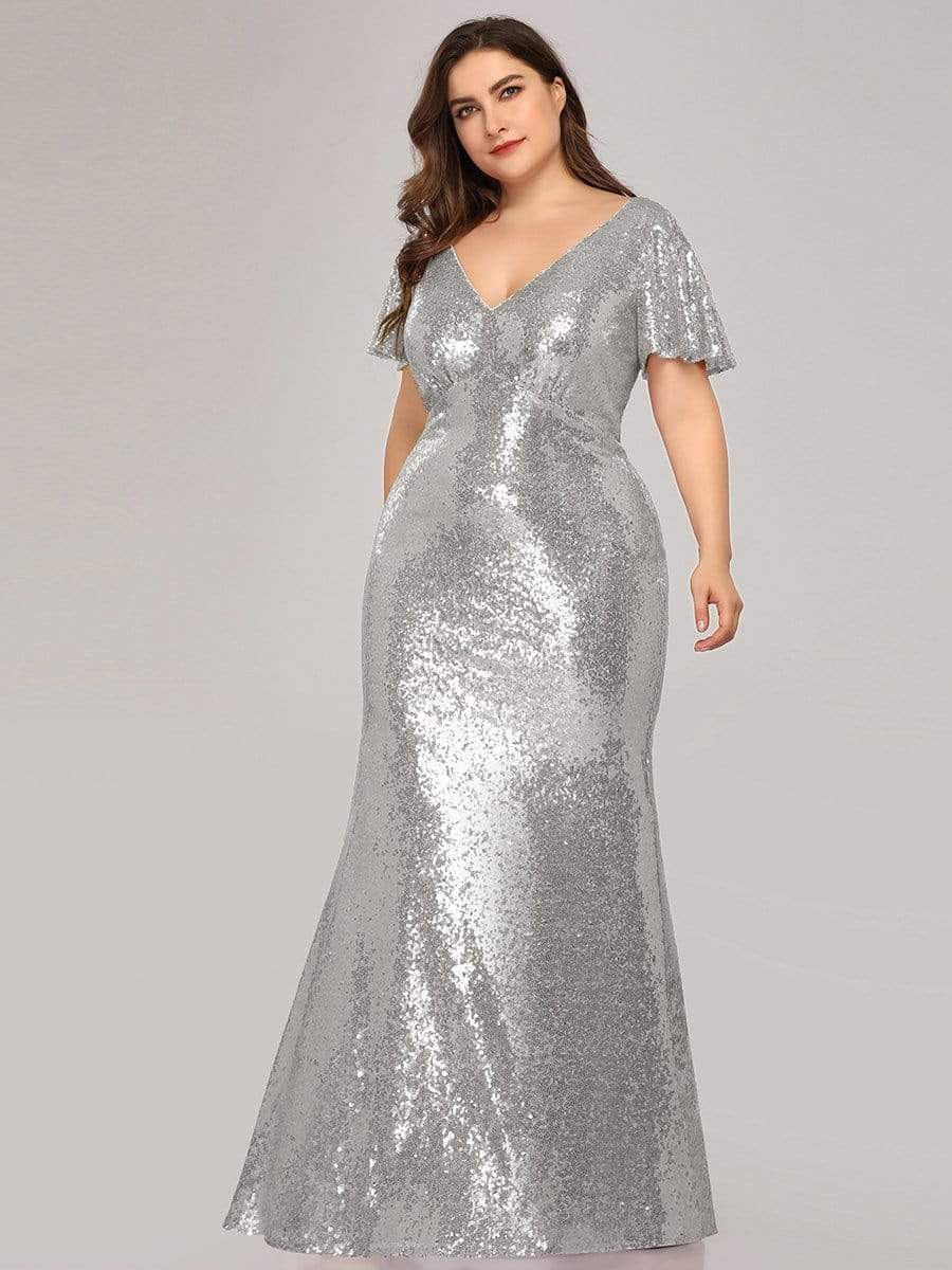 COLOR=Silver | Women'S V-Neck Short Sleeve Glitter Dress Bodycon Mermaid Dress-Silver 3 COLOR=Silver | Women'S V-Neck Short Sleeve Glitter Dress Bodycon Mermaid Dress-Silver 3
