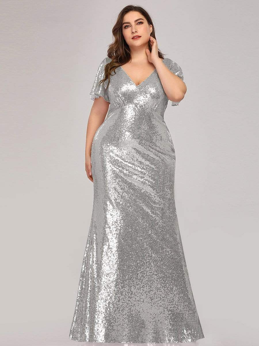 COLOR=Silver | Women'S V-Neck Short Sleeve Glitter Dress Bodycon Mermaid Dress-Silver 1 COLOR=Silver | Women'S V-Neck Short Sleeve Glitter Dress Bodycon Mermaid Dress-Silver 1