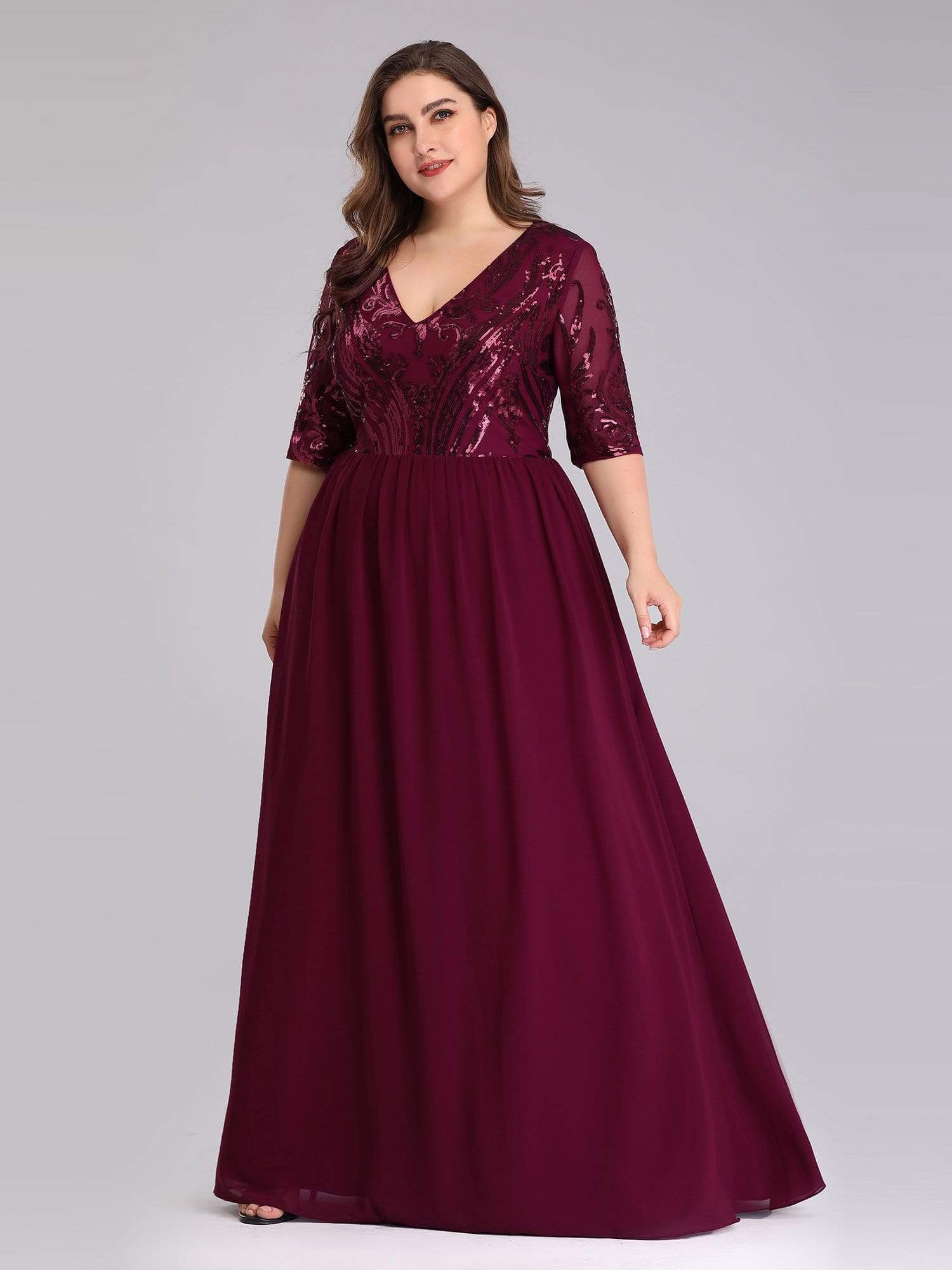Color=Burgundy | Women'S V-Neck Half Sleeve Patchwork Floor-Length Evening Dress-Burgundy 3 Color=Burgundy | Women'S V-Neck Half Sleeve Patchwork Floor-Length Evening Dress-Burgundy 3