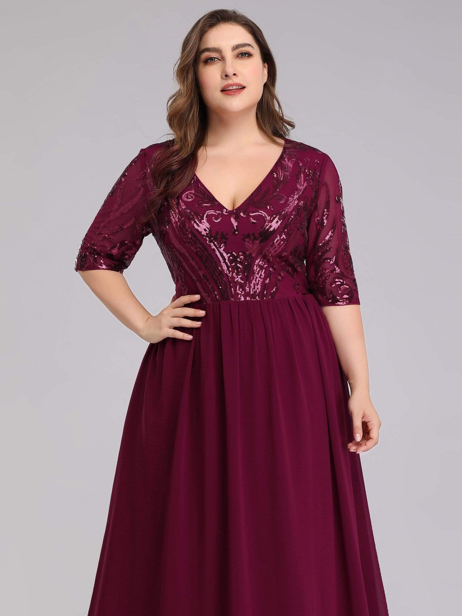 Color=Burgundy | Women'S V-Neck Half Sleeve Patchwork Floor-Length Evening Dress-Burgundy 5 Color=Burgundy | Women'S V-Neck Half Sleeve Patchwork Floor-Length Evening Dress-Burgundy 5
