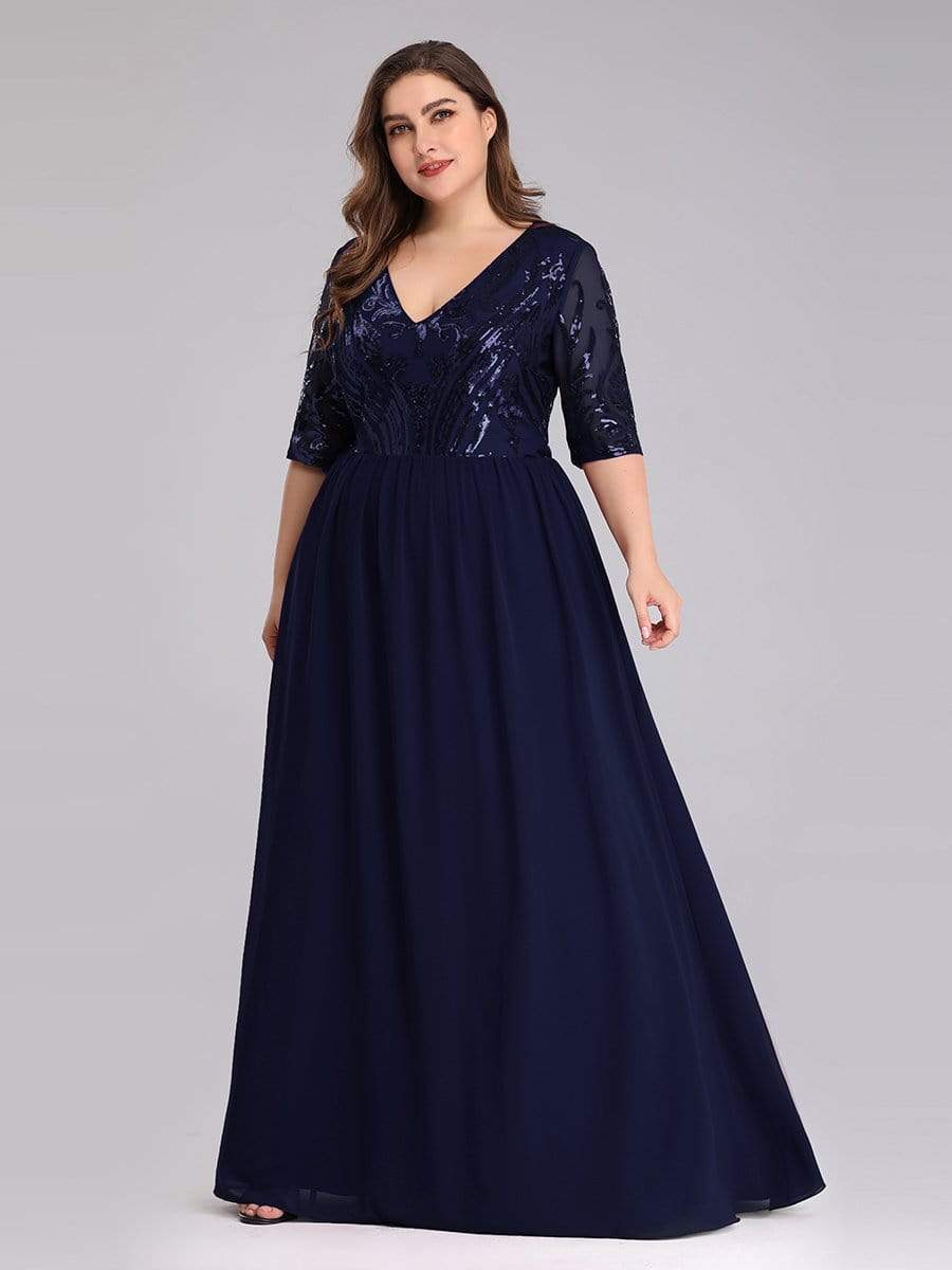 Color=Navy Blue | Women'S V-Neck Half Sleeve Patchwork Floor-Length Evening Dress-Navy Blue 3 Color=Navy Blue | Women'S V-Neck Half Sleeve Patchwork Floor-Length Evening Dress-Navy Blue 3