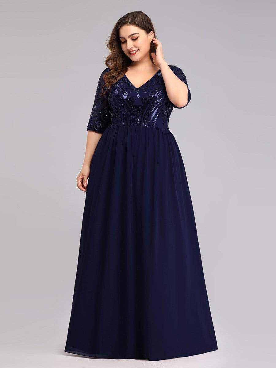Color=Navy Blue | Women'S V-Neck Half Sleeve Patchwork Floor-Length Evening Dress-Navy Blue 4 Color=Navy Blue | Women'S V-Neck Half Sleeve Patchwork Floor-Length Evening Dress-Navy Blue 4