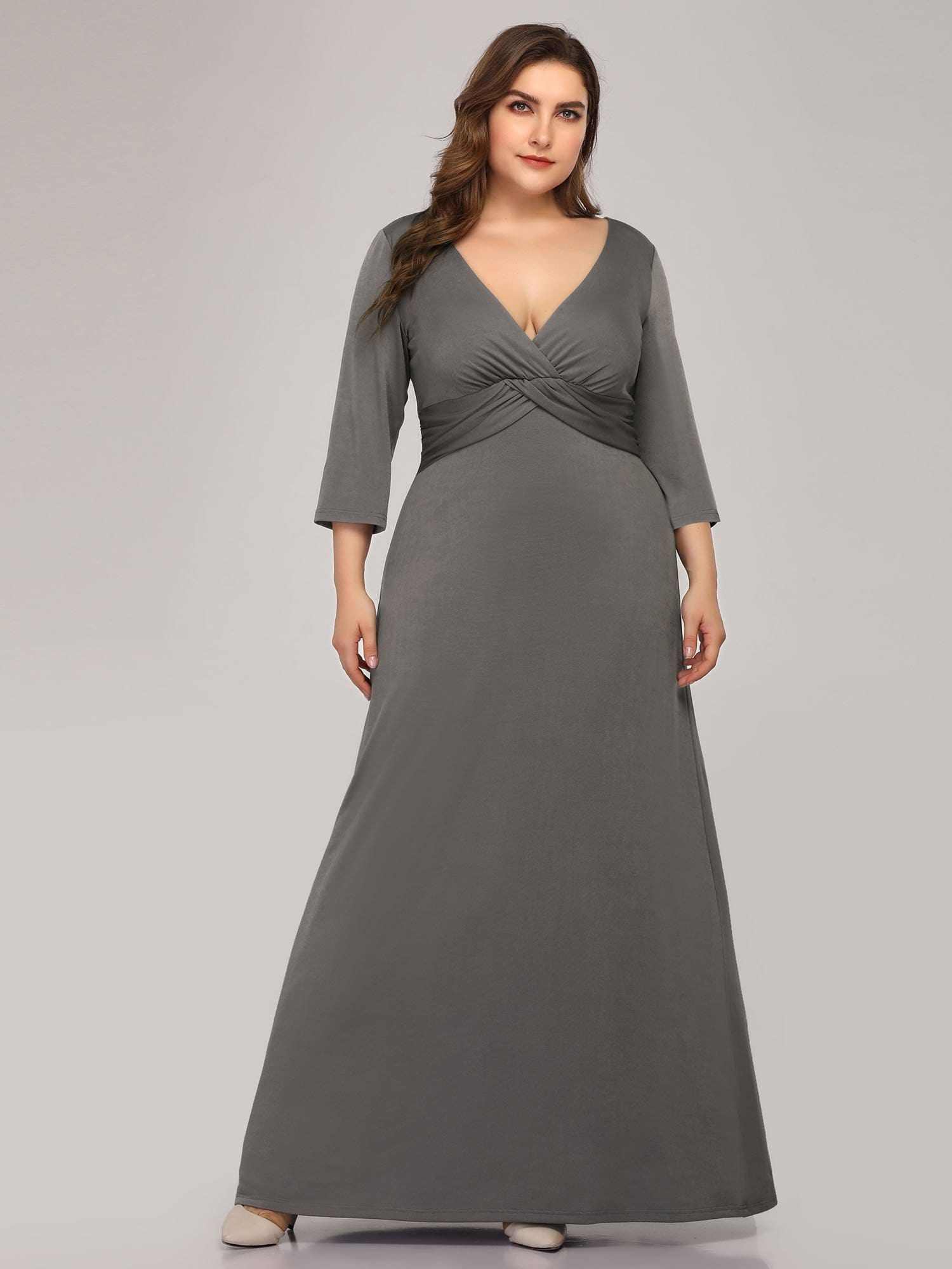 Color=Grey | Women'S Plus Size V-Neck Font Wrap Floor-Length Evening Dress-Grey 1 Color=Grey | Women'S Plus Size V-Neck Font Wrap Floor-Length Evening Dress-Grey 1