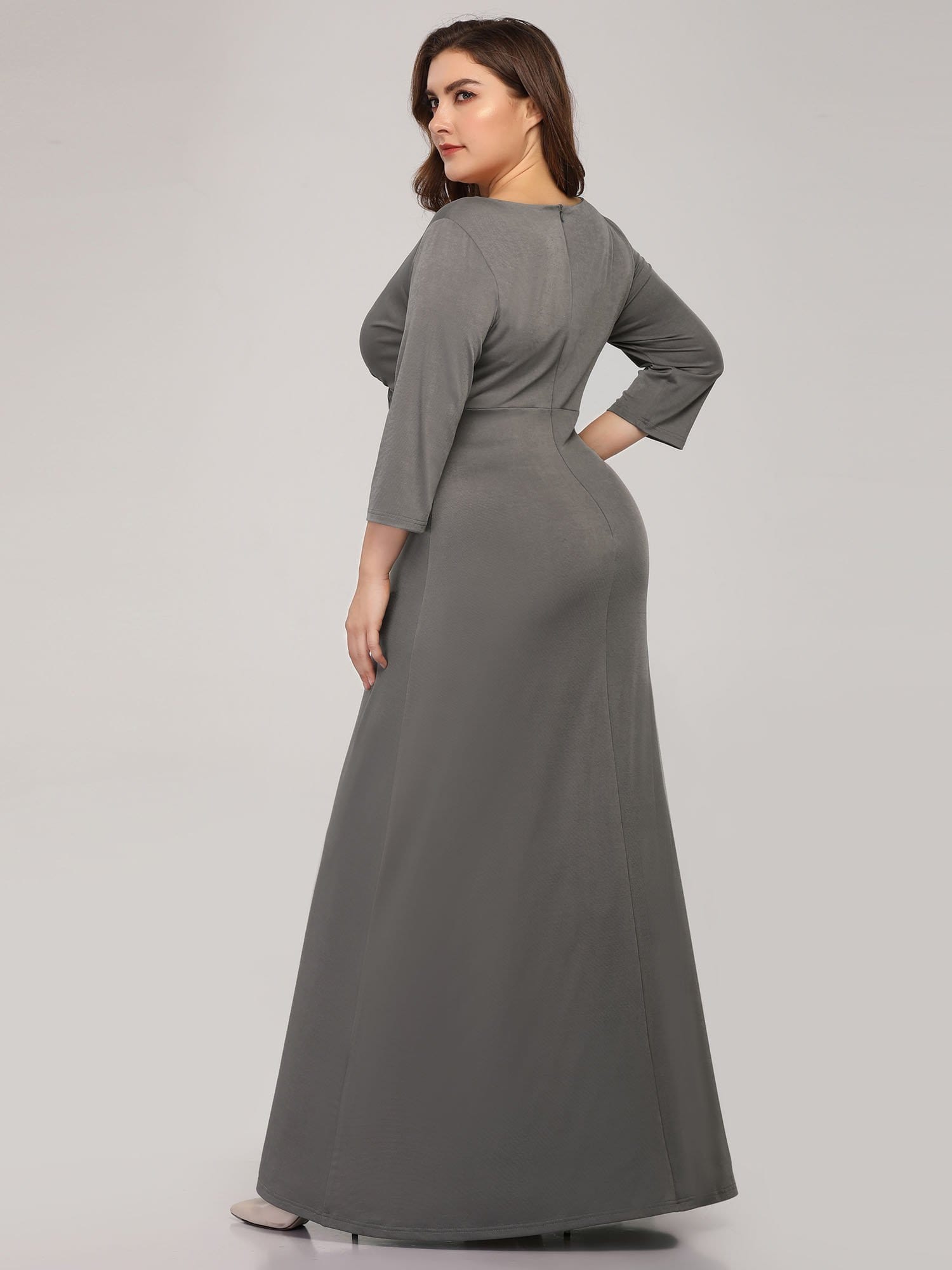 Color=Grey | Women'S Plus Size V-Neck Font Wrap Floor-Length Evening Dress-Grey 2 Color=Grey | Women'S Plus Size V-Neck Font Wrap Floor-Length Evening Dress-Grey 2