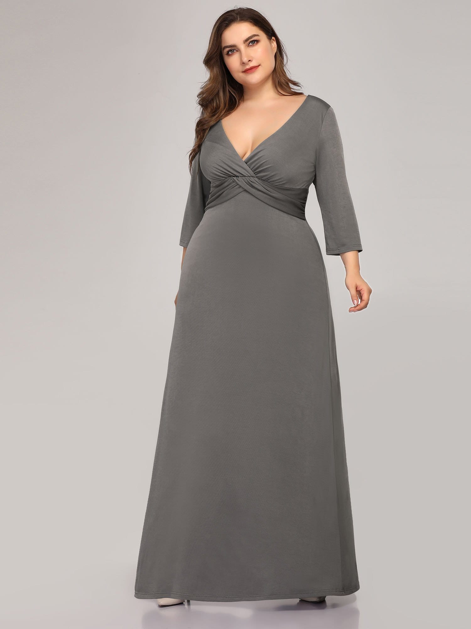 Color=Grey | Women'S Plus Size V-Neck Font Wrap Floor-Length Evening Dress-Grey 3 Color=Grey | Women'S Plus Size V-Neck Font Wrap Floor-Length Evening Dress-Grey 3