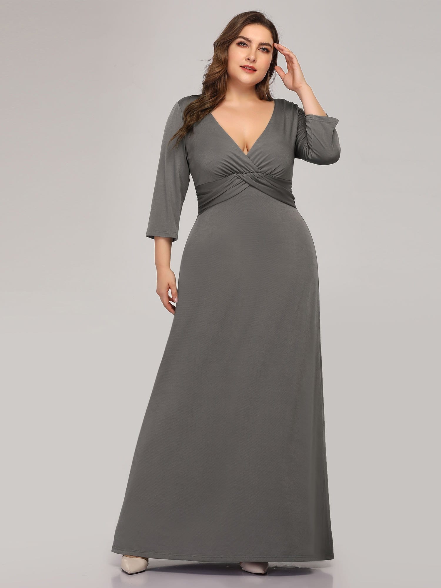 Color=Grey | Women'S Plus Size V-Neck Font Wrap Floor-Length Evening Dress-Grey 4 Color=Grey | Women'S Plus Size V-Neck Font Wrap Floor-Length Evening Dress-Grey 4