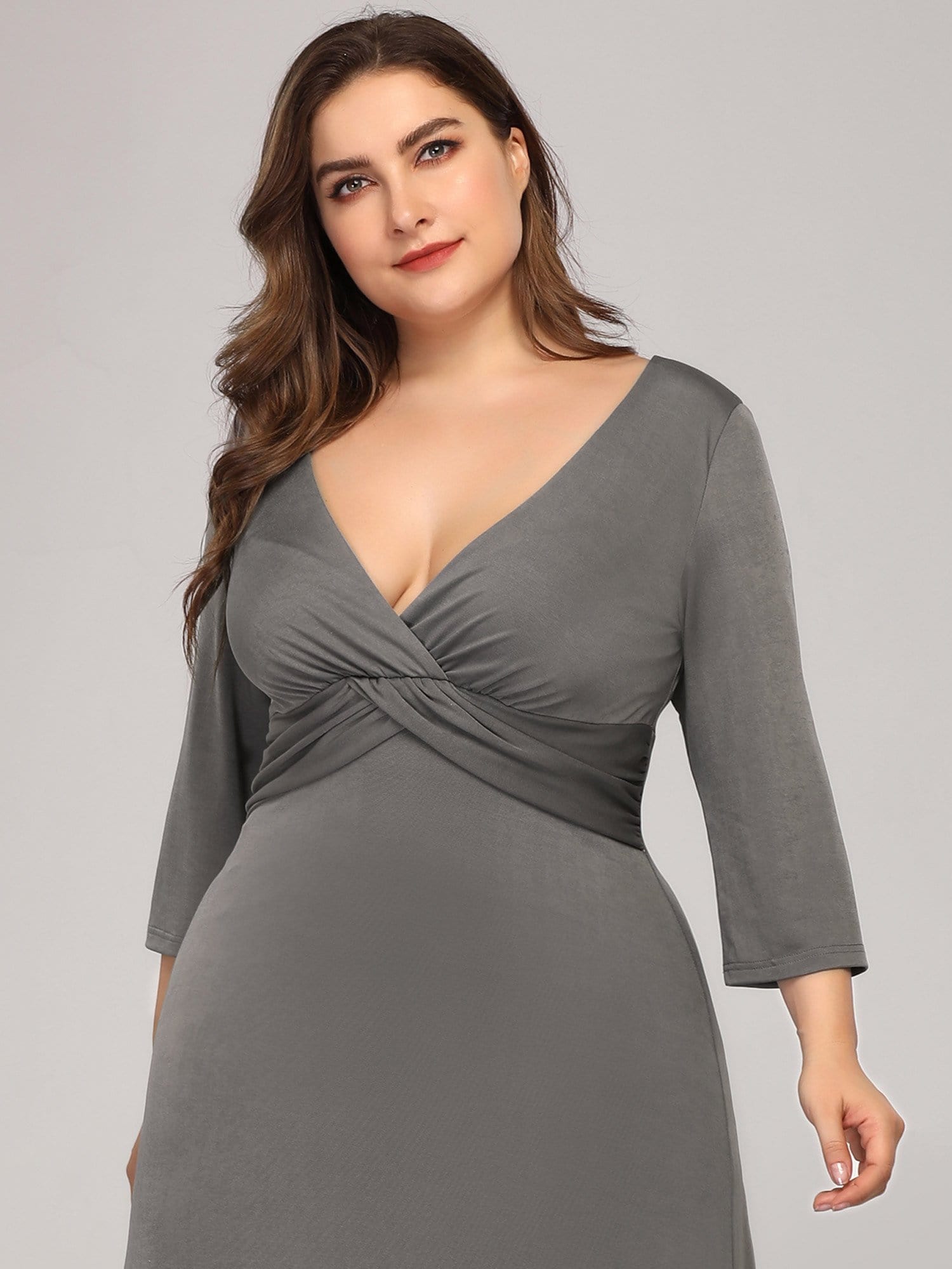 Color=Grey | Women'S Plus Size V-Neck Font Wrap Floor-Length Evening Dress-Grey 5 Color=Grey | Women'S Plus Size V-Neck Font Wrap Floor-Length Evening Dress-Grey 5