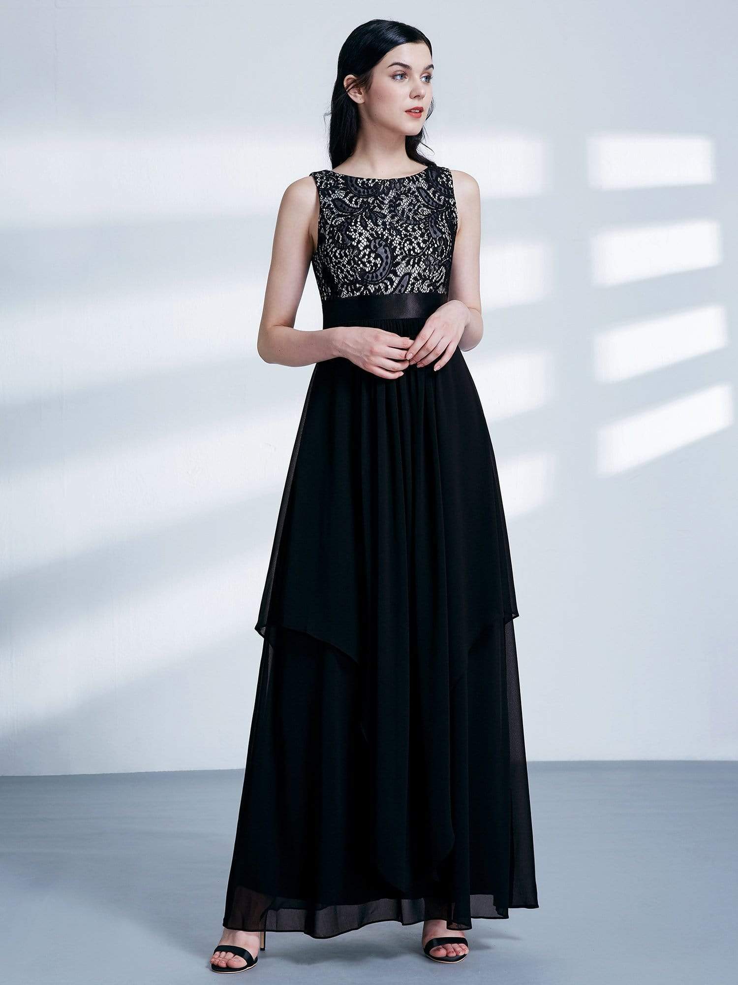 Color=Black | Sleeveless Long Evening Dress With Lace Bodice-Black 4 Color=Black | Sleeveless Long Evening Dress With Lace Bodice-Black 4