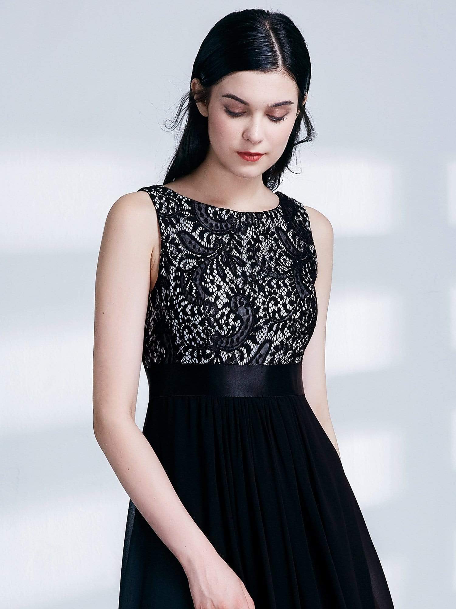 Color=Black | Sleeveless Long Evening Dress With Lace Bodice-Black 6 Color=Black | Sleeveless Long Evening Dress With Lace Bodice-Black 6