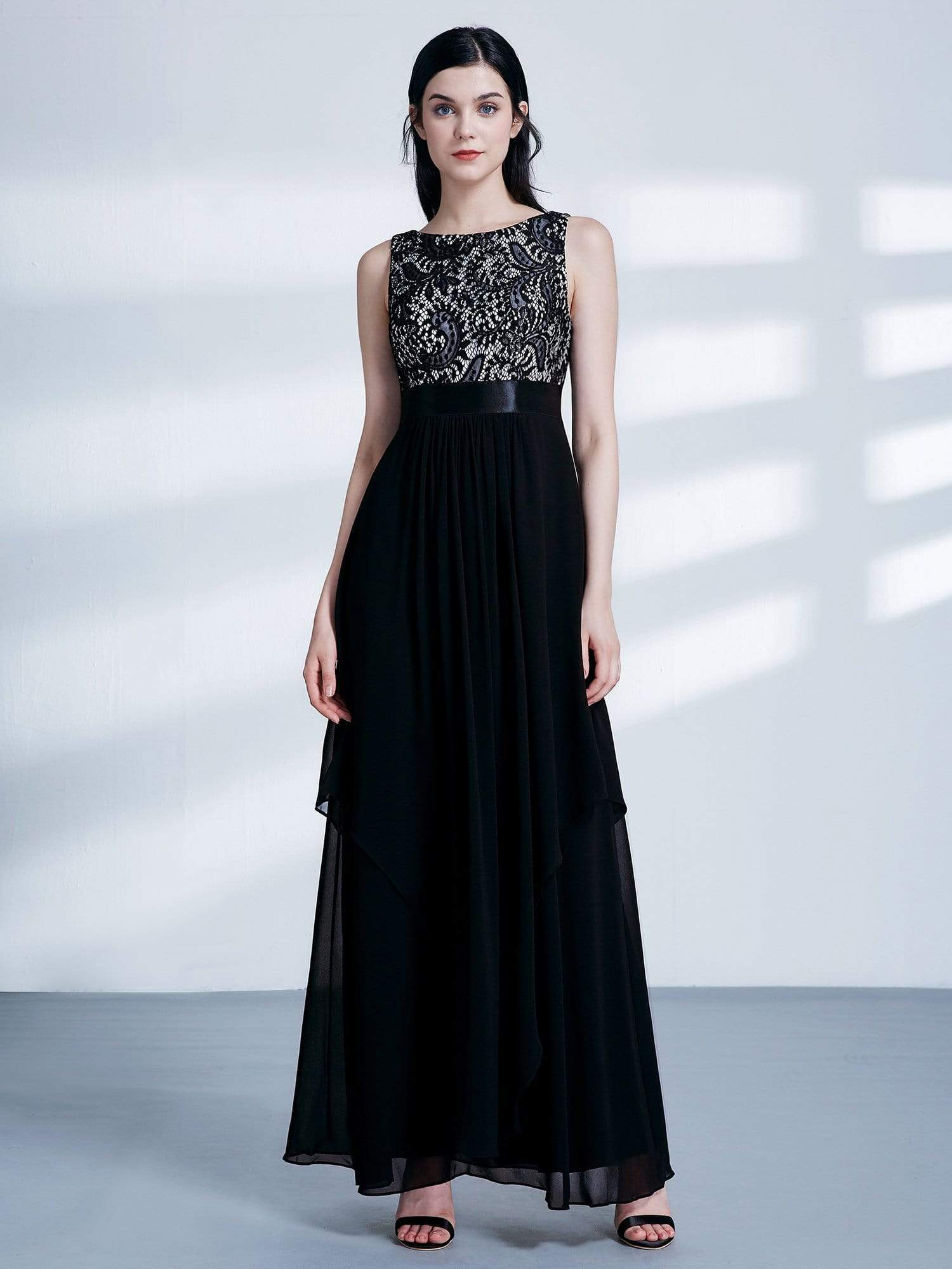 Color=Black | Sleeveless Long Evening Dress With Lace Bodice-Black 1 Color=Black | Sleeveless Long Evening Dress With Lace Bodice-Black 1