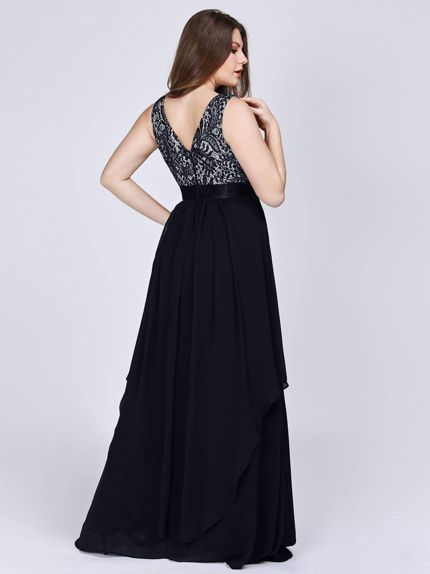 Color=Black | Sleeveless Long Evening Dress With Lace Bodice-Black 9 Color=Black | Sleeveless Long Evening Dress With Lace Bodice-Black 9