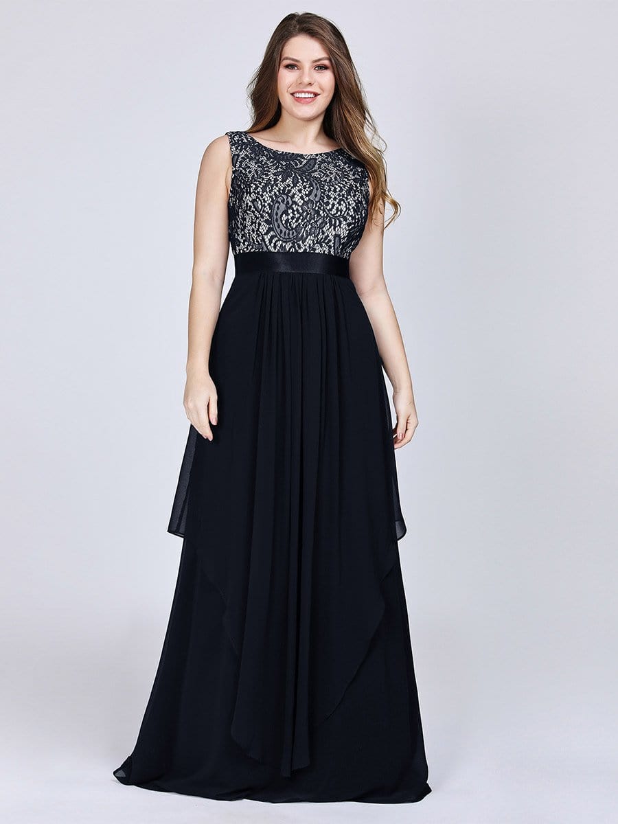 Color=Black | Plus Size Sleeveless Long Evening Dress With Lace Bodice-Black 2 Color=Black | Plus Size Sleeveless Long Evening Dress With Lace Bodice-Black 2